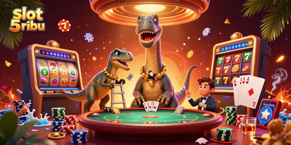 Experience the thrill of slot 5 ribu with a playful dinosaur dealing cards and vibrant casino elements.
