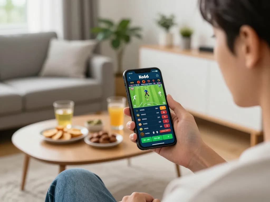 Engaging with ko66's sports betting app on a smartphone in a cozy home setting, highlighting strategy and convenience.