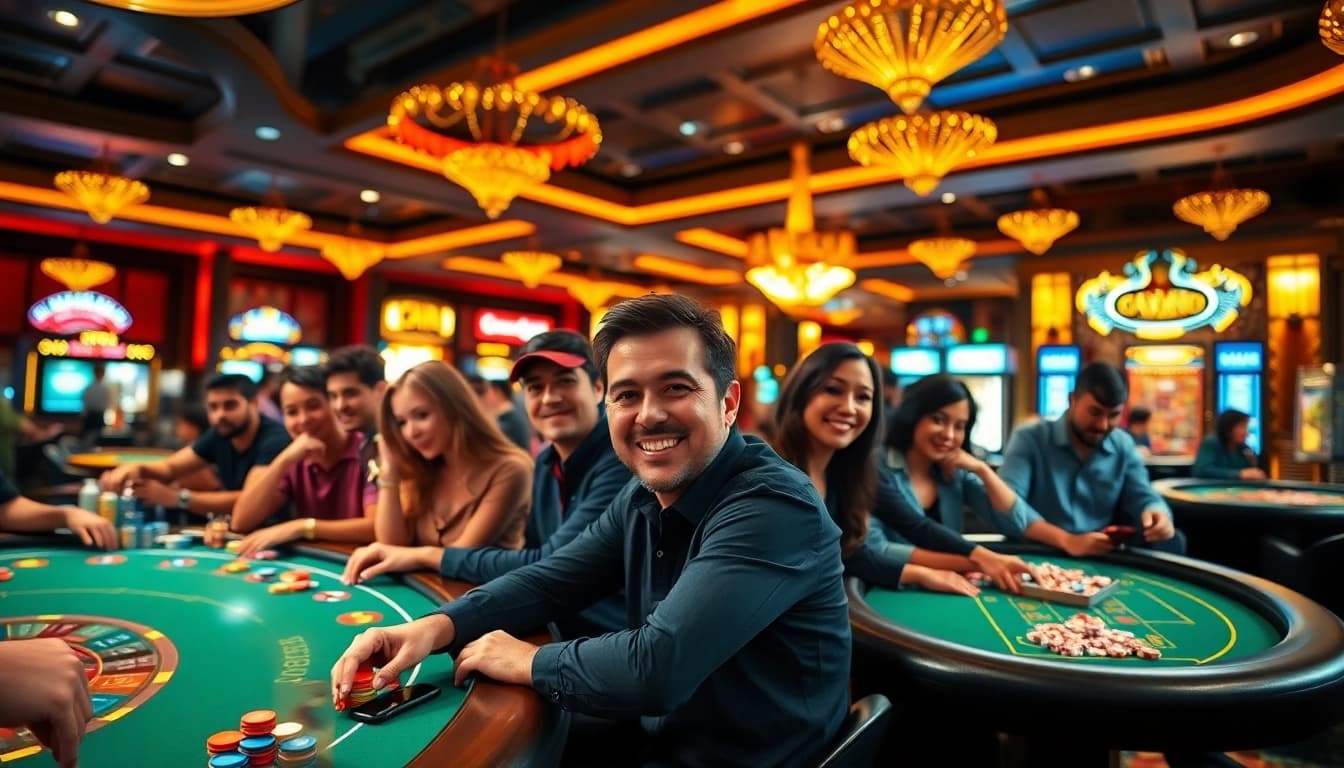 Spannende Spieler am Casinospielen Tisch mit bunten Chips und lebhafter Atmosphäre.