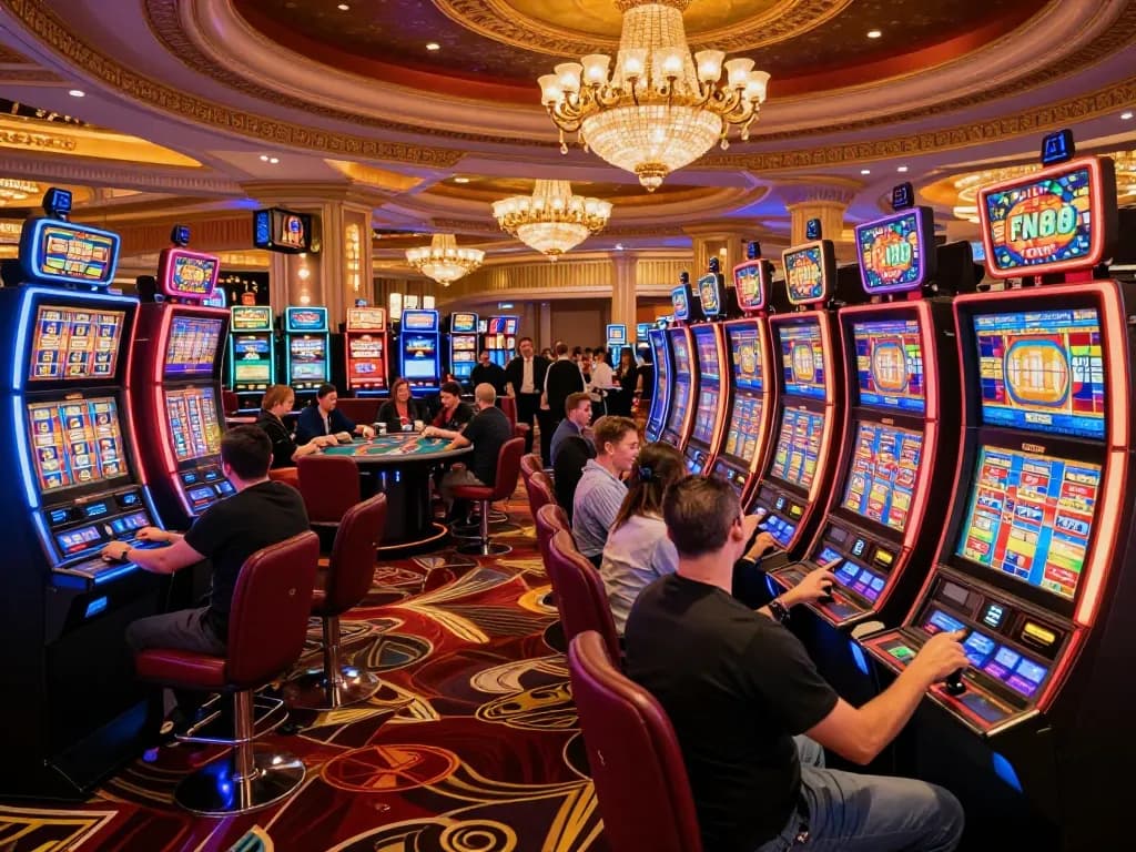 Players enjoying slot machines and lively gameplay at Fun88 com casino, vibrant atmosphere captured.