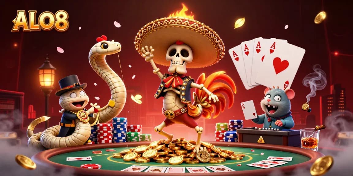 ALO8 brings excitement with a vibrant scene of a mariachi rooster dancing on coins at a poker table.
