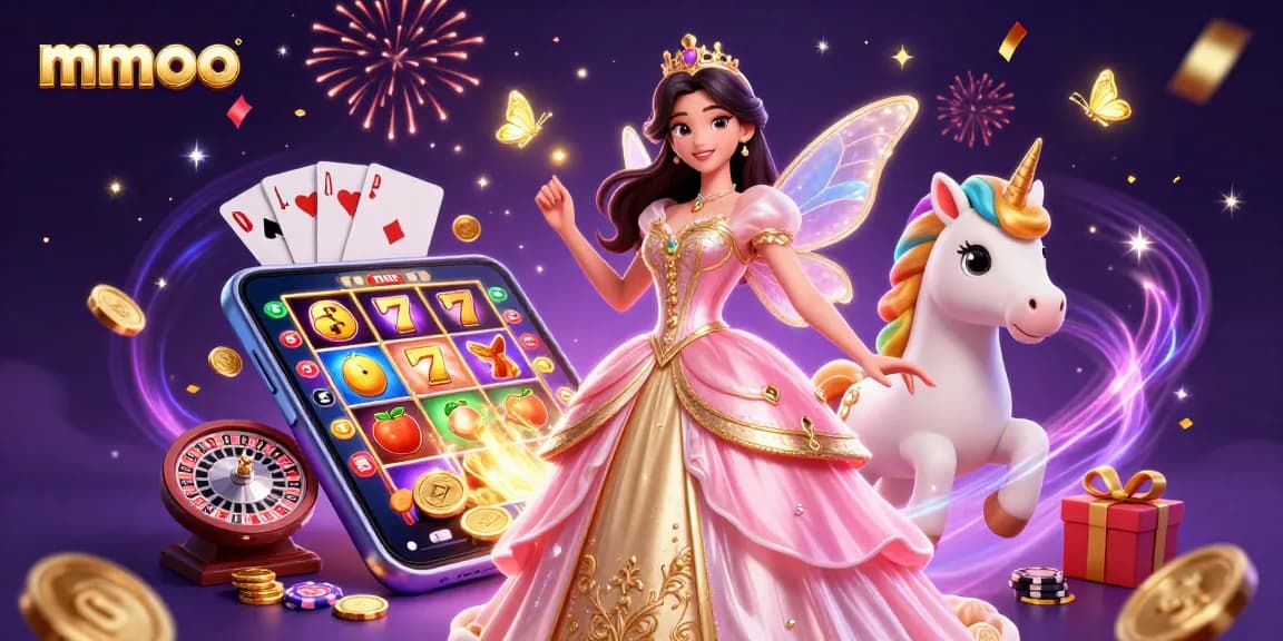 Spin the reels with mmoo and celebrate wins amidst a vibrant casino-themed fantasy.