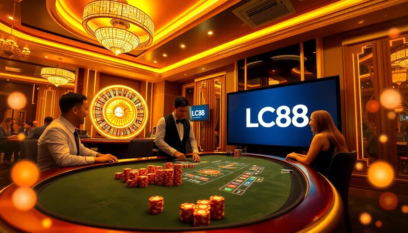 LC88 poker table with players placing bets in an elegant casino setting.