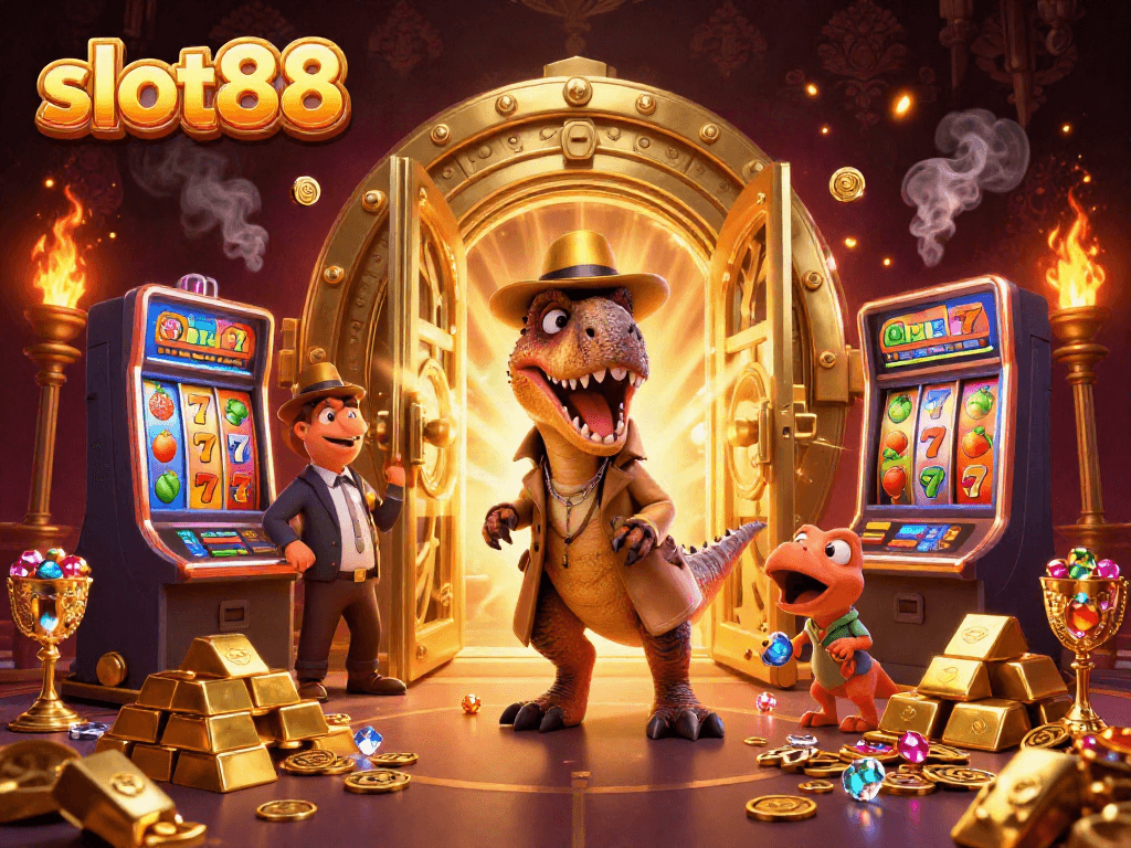 Engage in thrilling slot88 gameplay with a cartoon velociraptor card counter at a slot machine, gold treasure, and dynamic action.