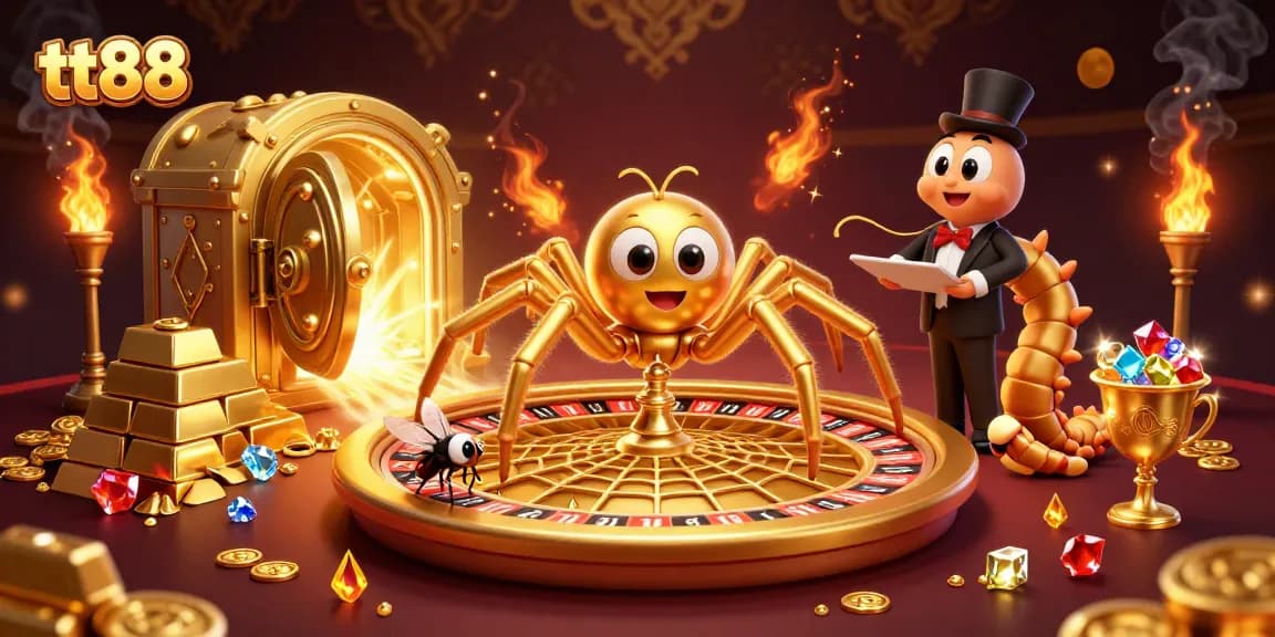 Play exciting games at tt88 with a 3D casino illustration featuring dynamic characters and rich treasures.