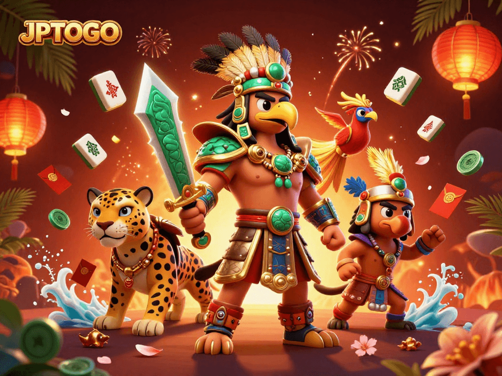 Engage with JPTOTO for accurate predictions, featuring an Aztec warrior scene full of vibrant casino elements.
