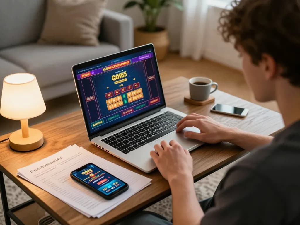 Engaged player on god55 enjoying online casino gaming at home with strategy notes and smartphone visible