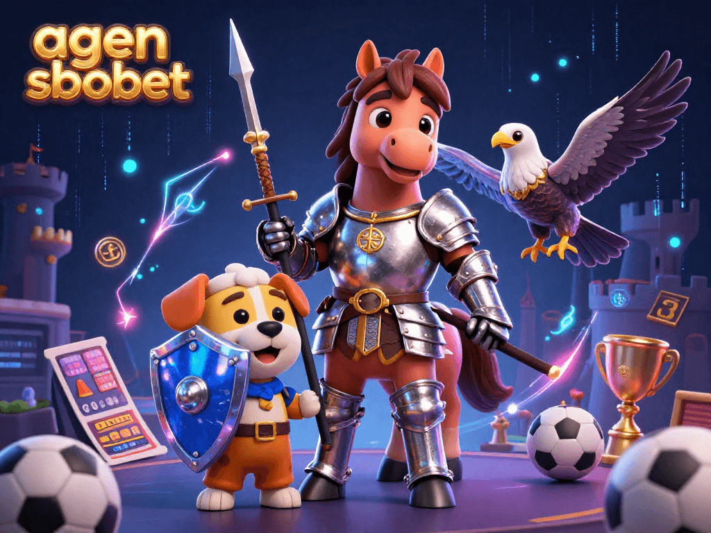 Experience thrilling sports betting with agen sbobet, featuring a knight, puppy, and falcon in a dazzling illustration.