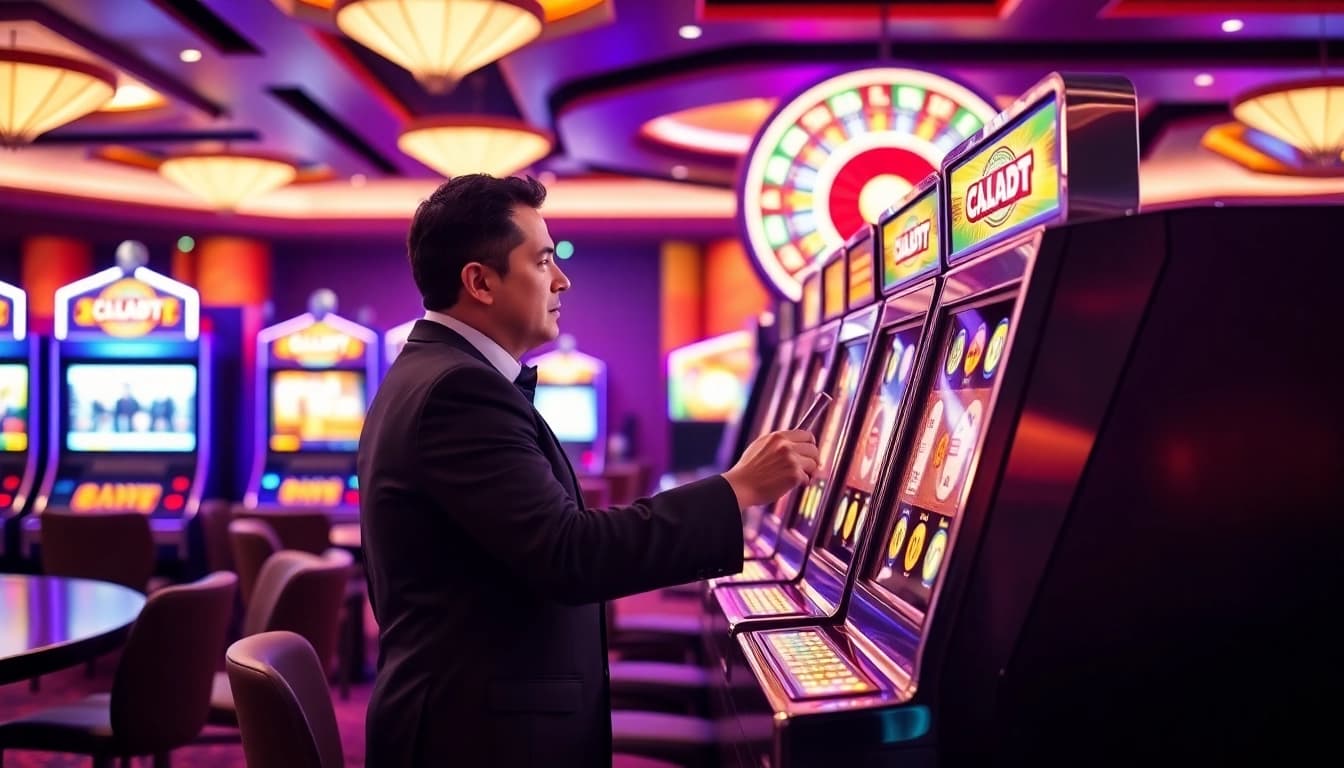 Player enjoying slot machine excitement with coins spilling out in a vibrant casino setting.
