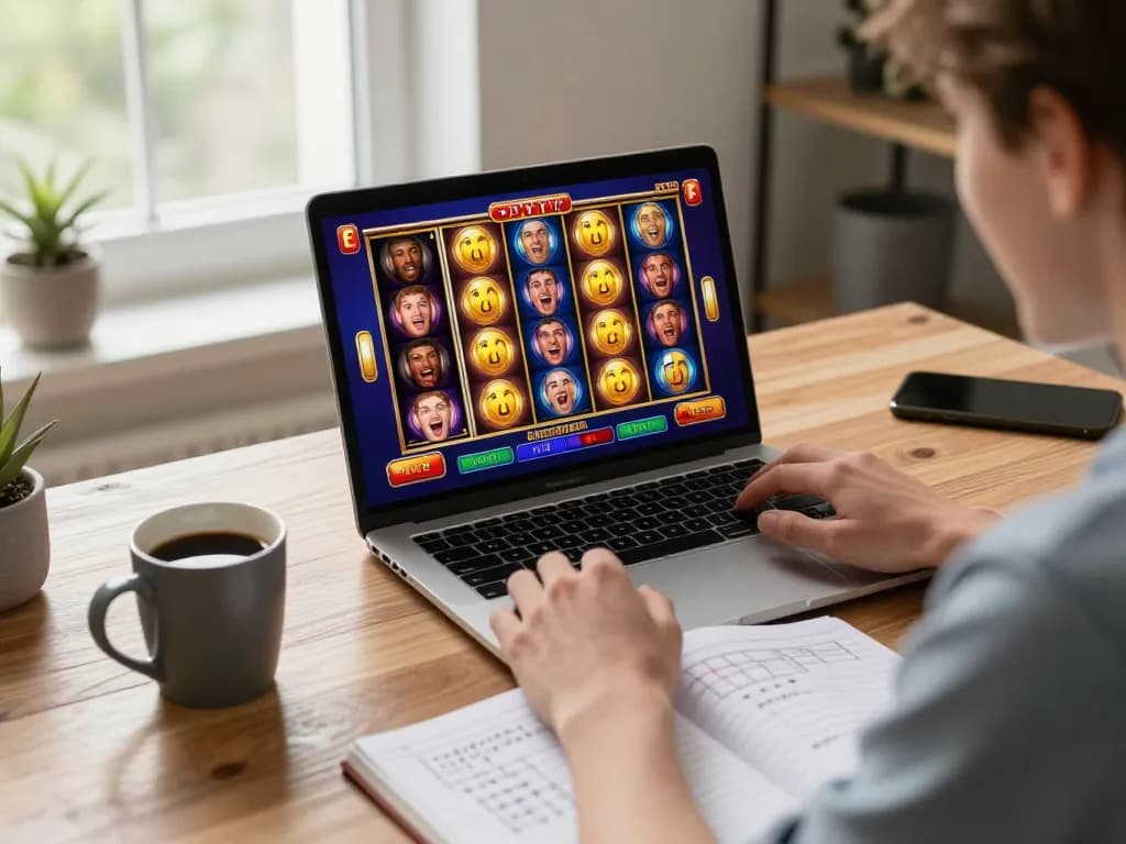 Player enjoying an exciting slot game with NK88 nhà cái in a cozy home environment, showcasing vibrant casino interface.