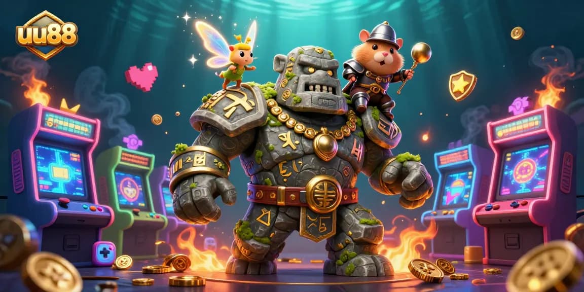 Experience excitement with uu88 as a magical golem and knight embark on a casino adventure.