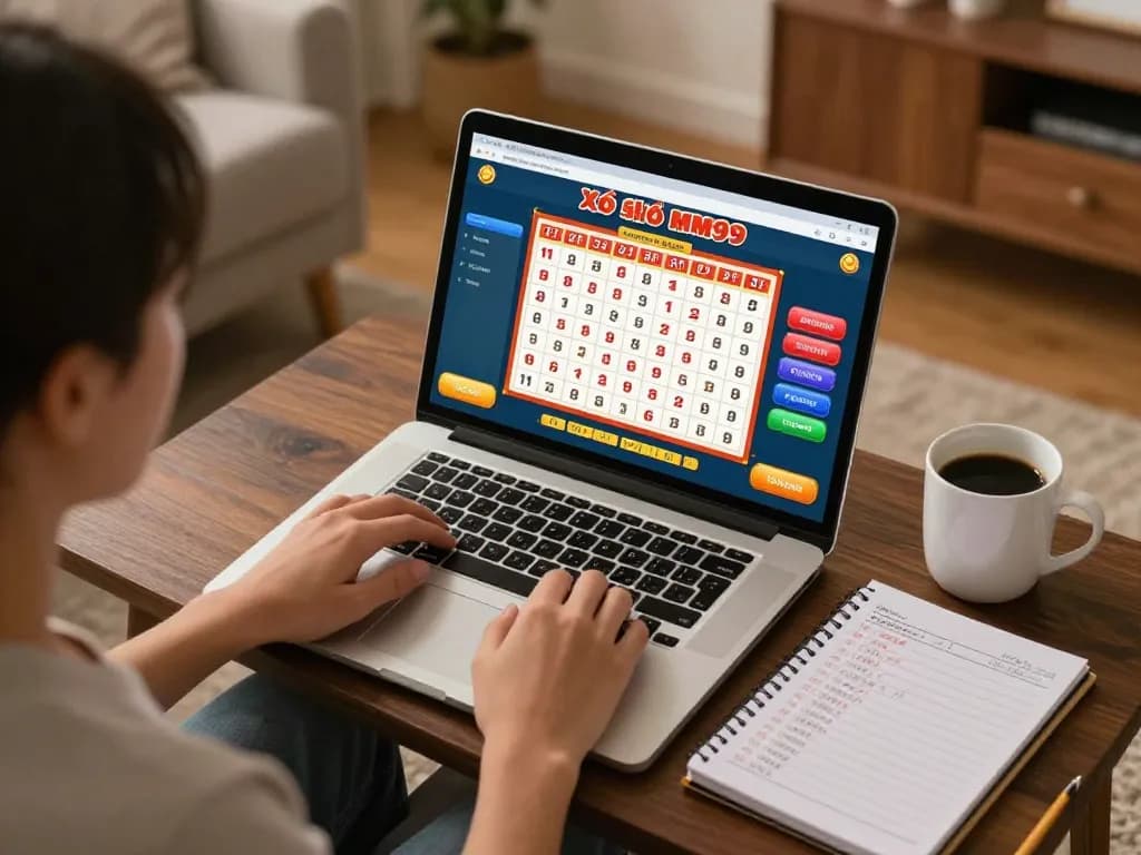 Xổ Số MM99 player engaged in online lottery gaming at home, laptop displaying live draw results.