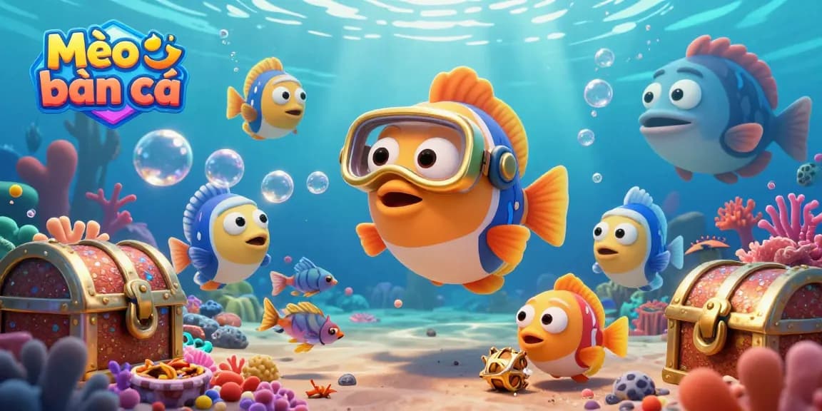 Mẹo chơi bắn cá strategy illustration showing fish and treasure hunting action in an underwater setting.