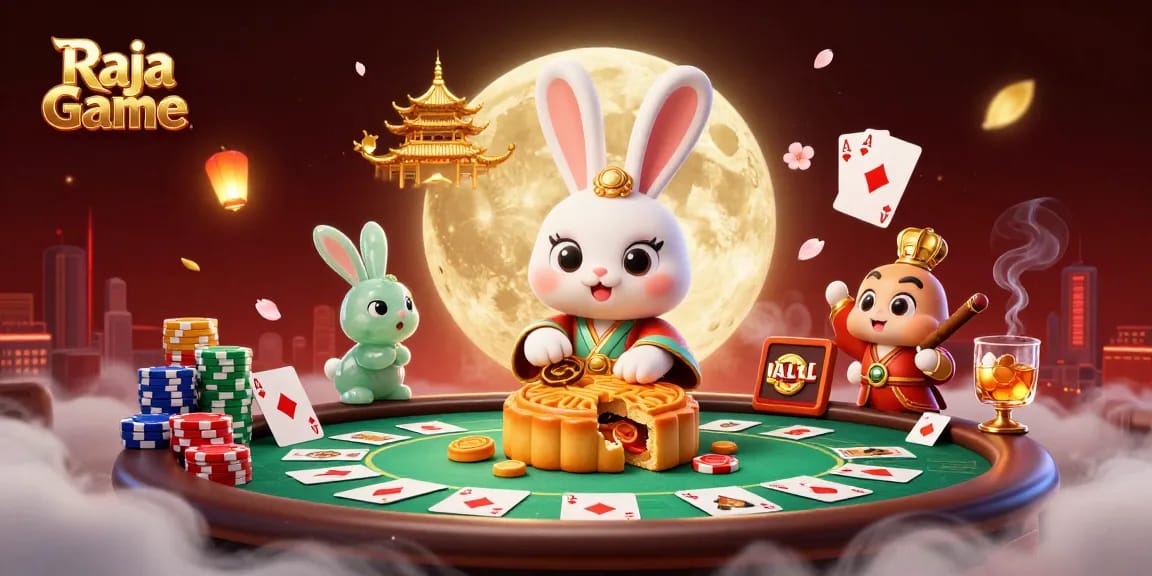 Experience epic gameplay with Raja Game, featuring a moon rabbit scene packed with casino and gaming elements.