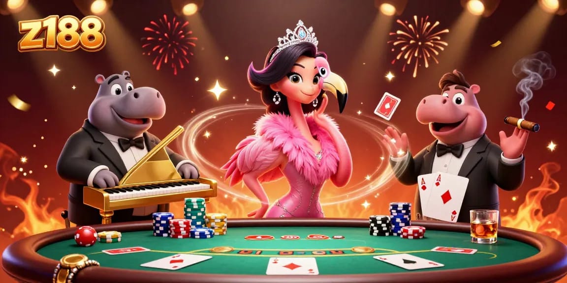 Experience the excitement of z188 casino gaming with vibrant visuals of characters and poker elements.