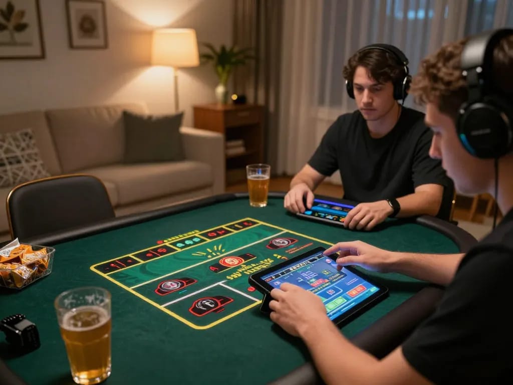 Player engaged in ทางเข้า m117 online gambling on tablet, showcasing virtual casino atmosphere and comfortable home setting