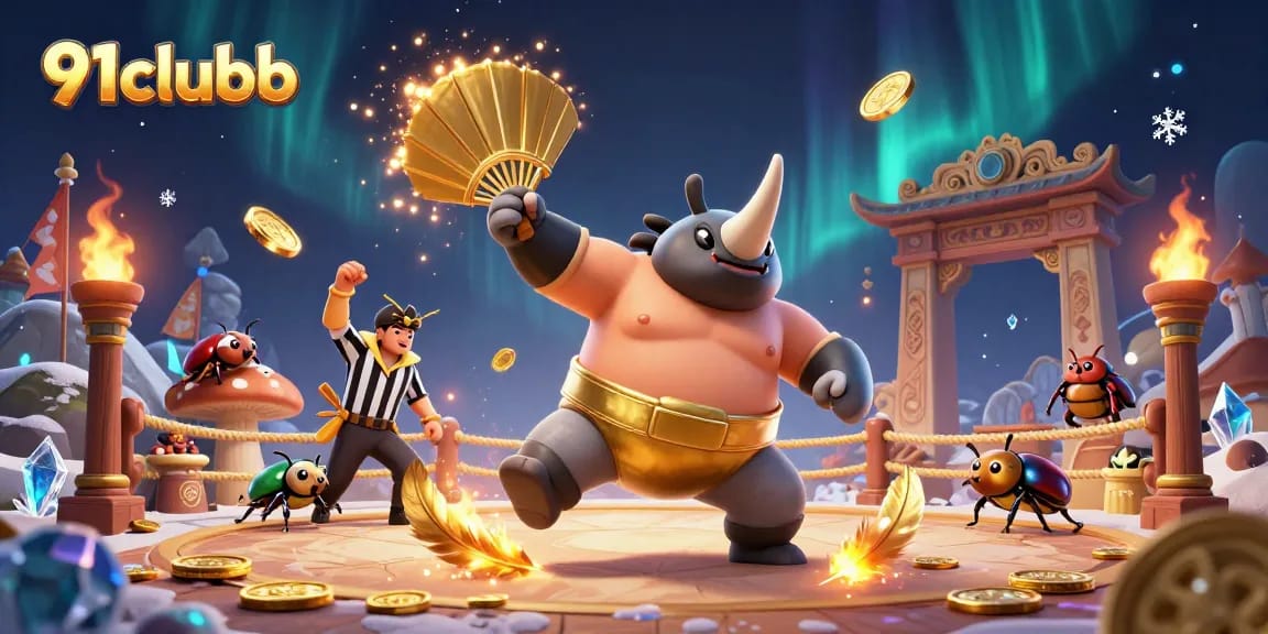 Experience action at 91clubb with a cartoon beetle champion in a golden arena.