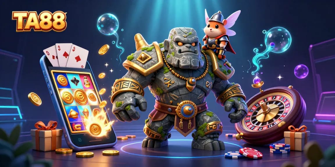 Experience the excitement of TA88 with a vibrant 3D casino scene featuring magical characters and slot games.