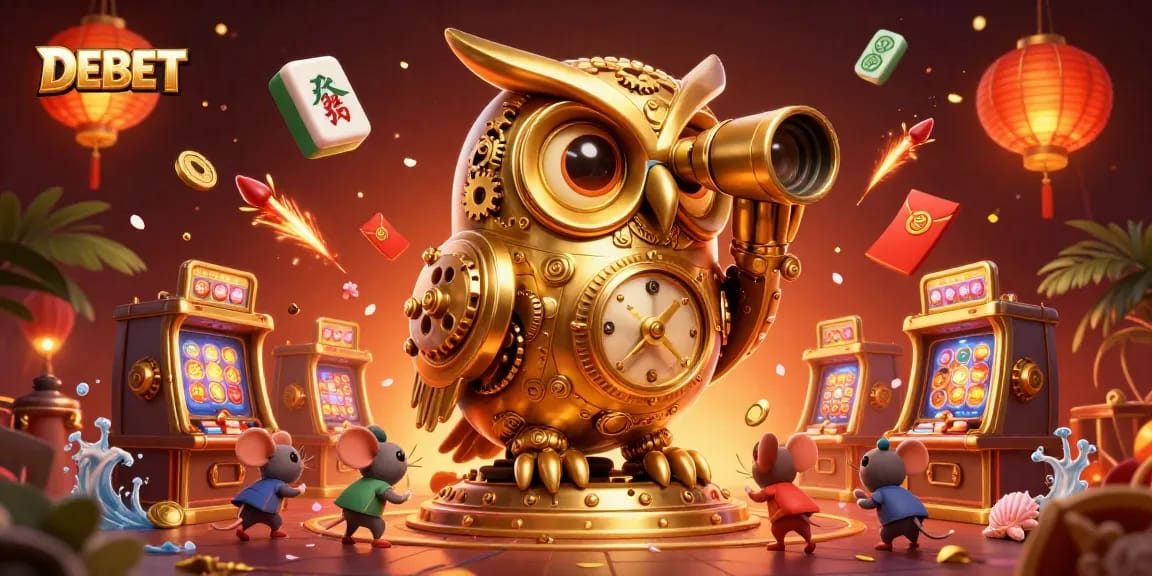 Engage with DEBET in a vibrant casino scene featuring a golden owl and dynamic game elements.