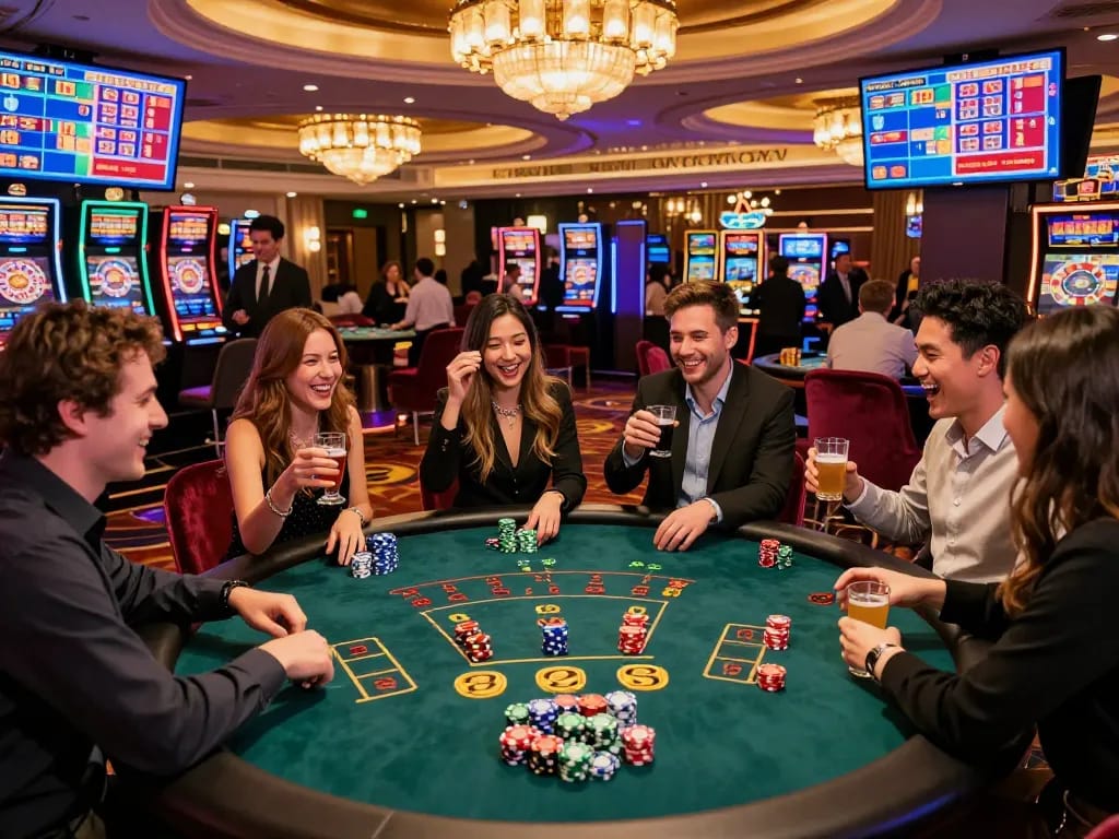 Exciting casino hong kong scene with friends celebrating at a blackjack table, vibrant atmosphere and sparkling lights.