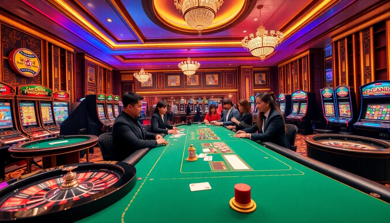 Experience the excitement of gambling at 68VIP.COM with a vibrant casino scene featuring live tables and slot machines.