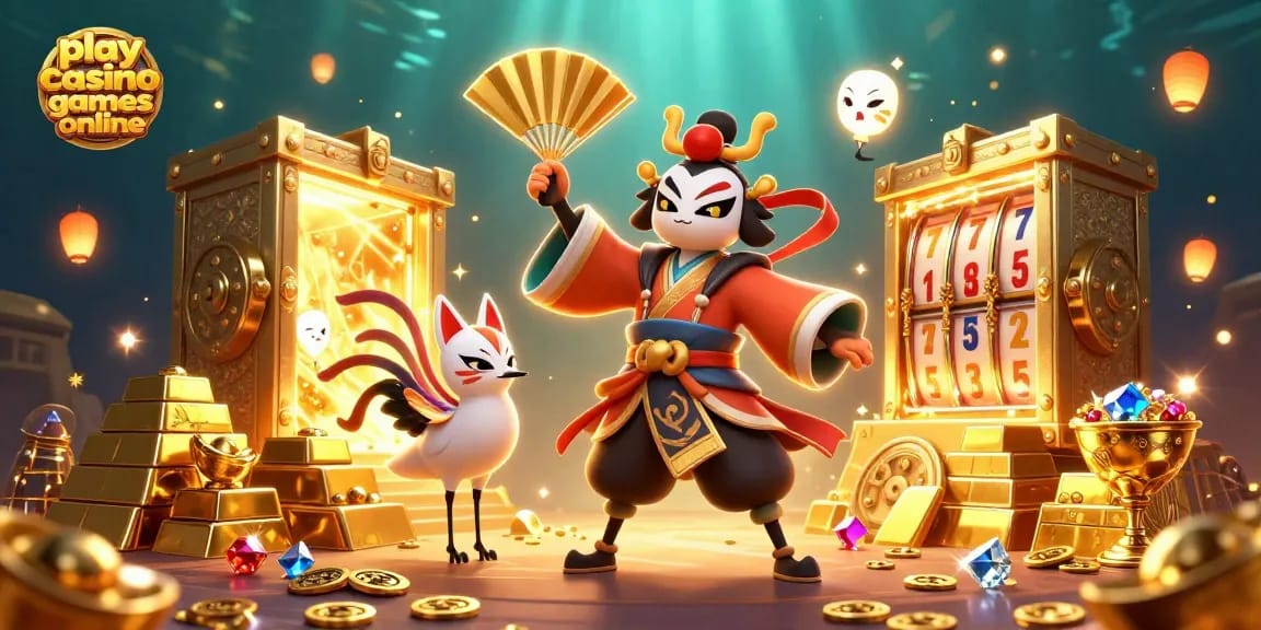 Engaging art to play casino games online with dynamic slot reels, kabuki warrior, and treasures.