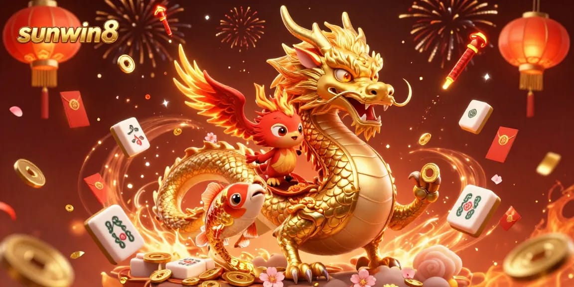 Experience thrilling gameplay with sunwin8's vibrant illustration of a dragon, phoenix, and koi fish.