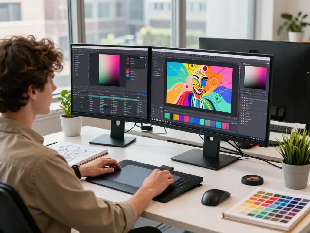 Artist using Nano Banana 2 AI image editor in modern workspace filled with creativity and tech tools.
