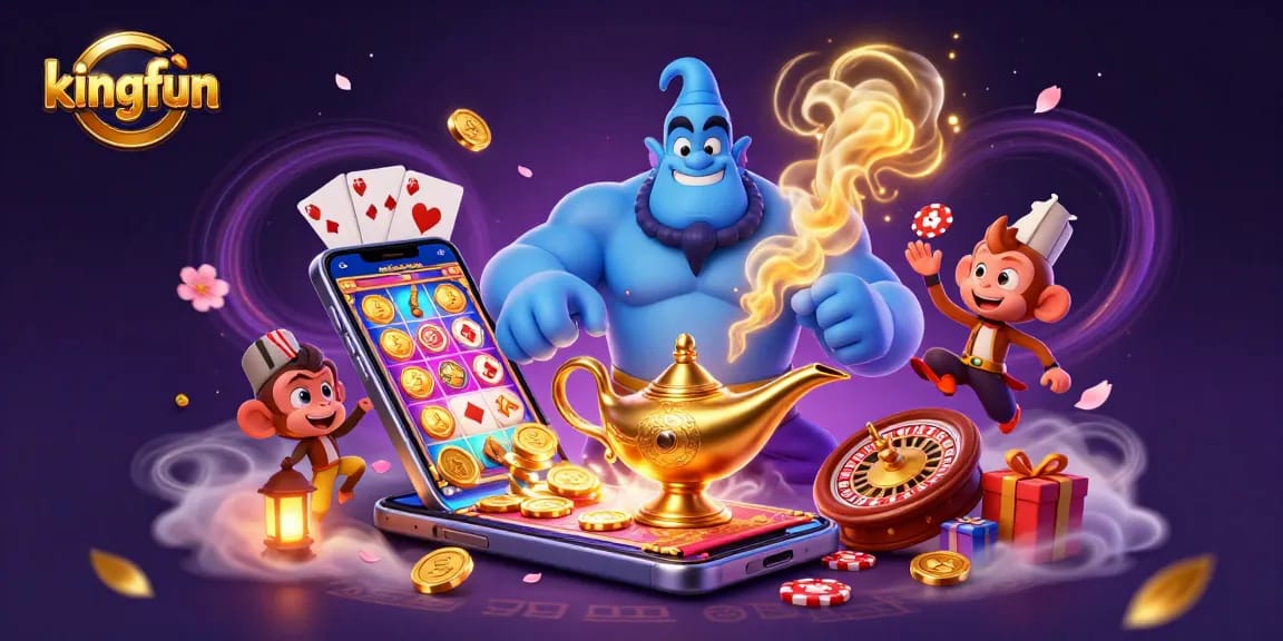 Engage with kingfun's thrilling casino experience featuring a magical genie, poker chips, and vibrant game elements.