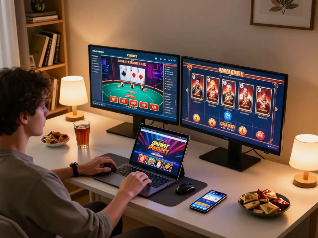 Engaged player using cm888 on multiple devices in a cozy, modern gaming setup at home.