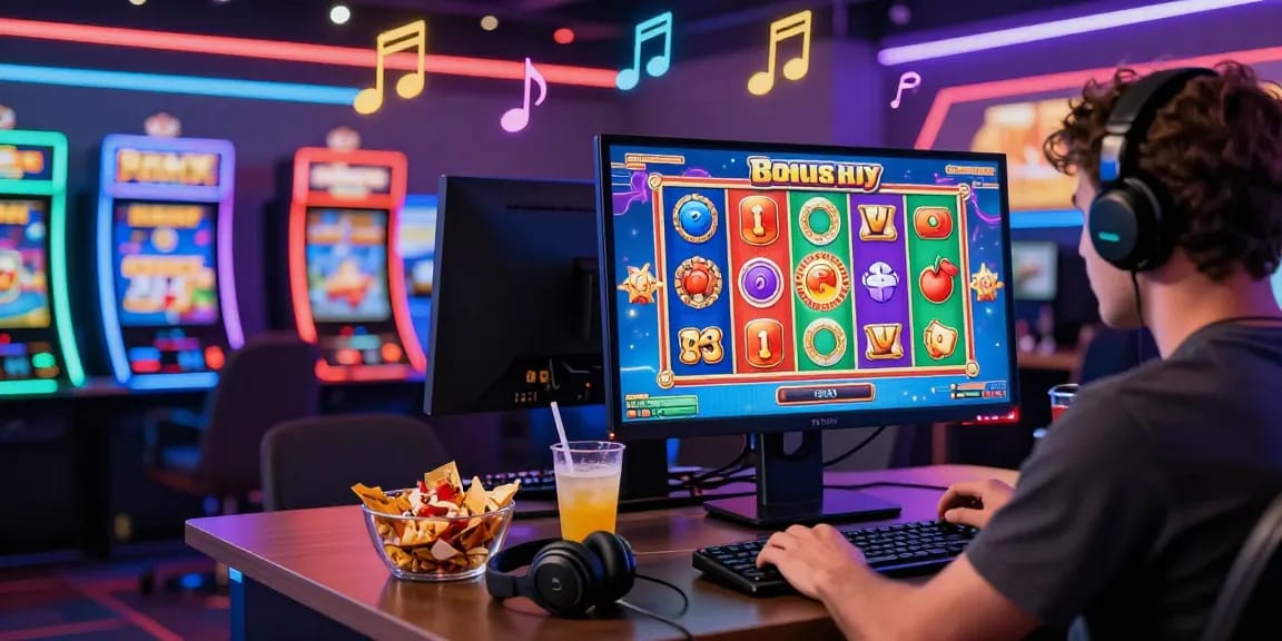 Excited player engaging with bonus buy slots at home, showing vibrant animations and glowing screen.