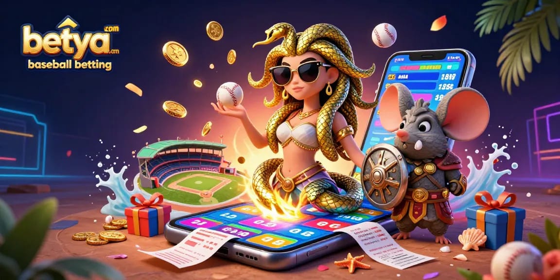 Engage in betya.com baseball betting with this vibrant 3D illustration showcasing Medusa and a warrior mouse.
