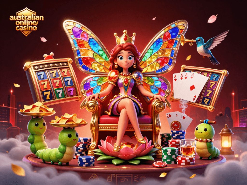 Experience the vibrant world of australian online casino with a butterfly queen and colorful poker elements.