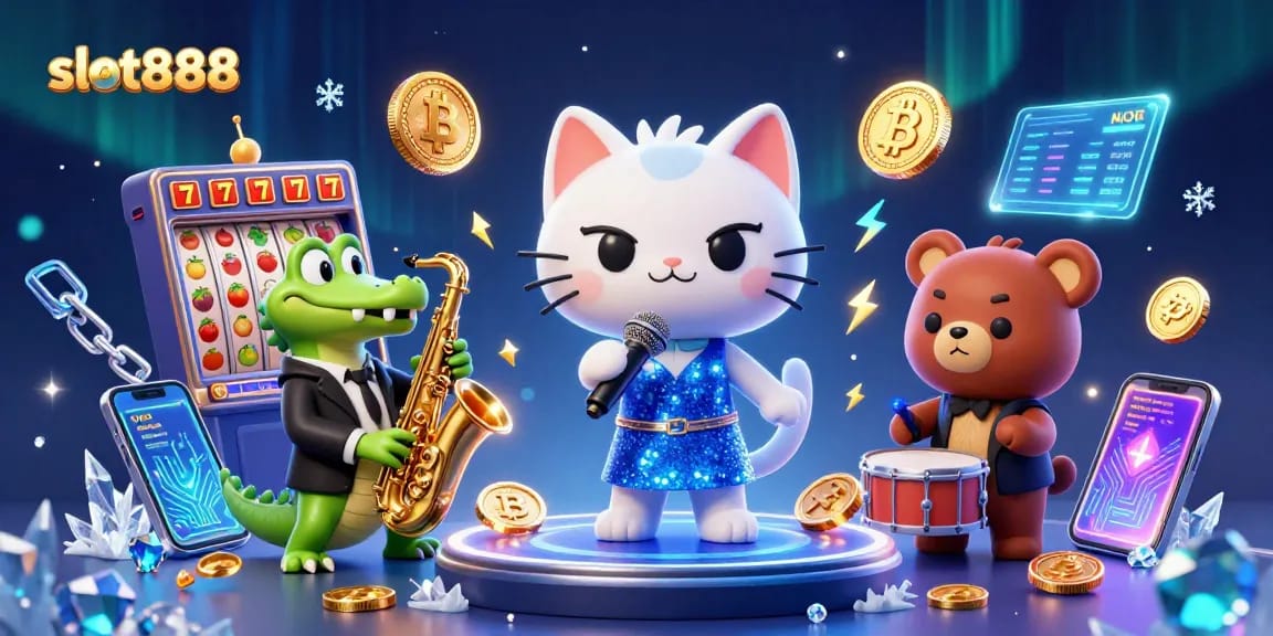 Permainan slot888 yang menarik dengan kucing penyanyi jazz dan karakter lainnya di panggung kasino.