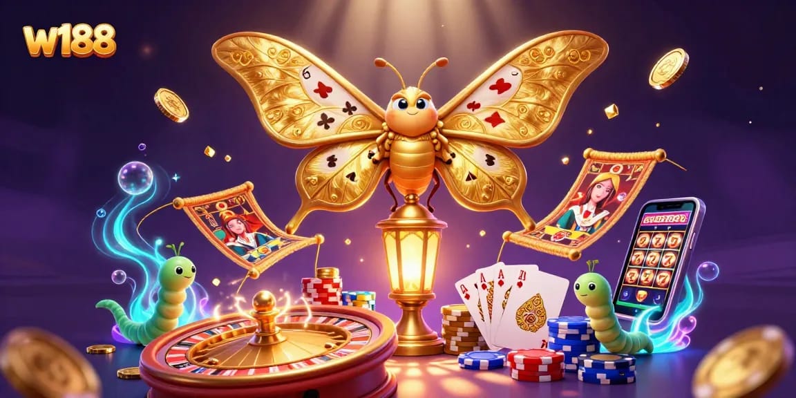 Experience the thrill of online gaming with w188's vibrant casino scene featuring an atlas moth and golden treasures.