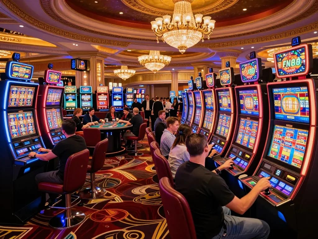 Players enjoying slot machines and lively gameplay at Fun88 com casino, vibrant atmosphere captured.
