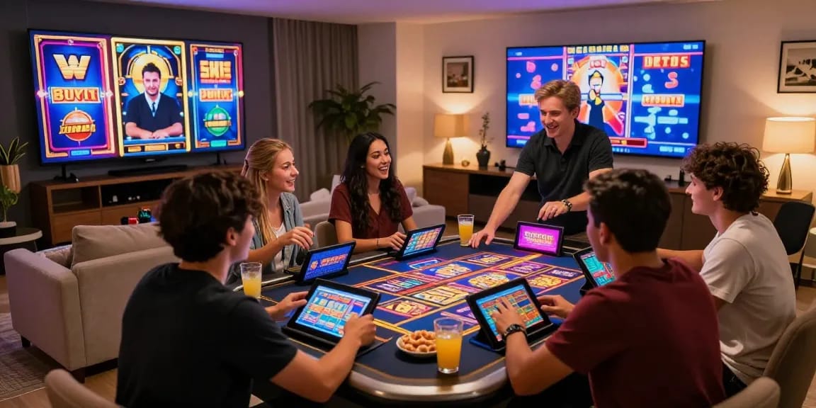 Engaging scene of friends enjoying new online casinos in the UK, showcasing vibrant gaming interaction and excitement.