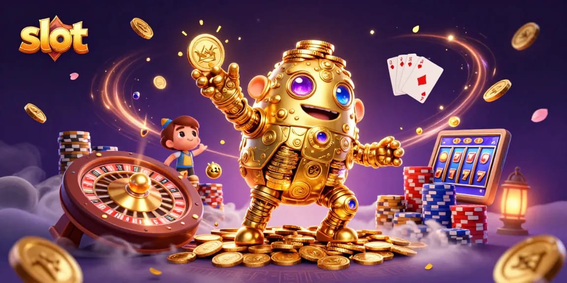 Permainan slot dengan simbol yang berkilau dan karakter golem emas menarik perhatian para pemain.