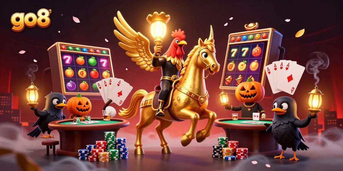 Go8 vibrant illustration depicts a golden rooster in an exciting casino setting with dynamic gaming elements.