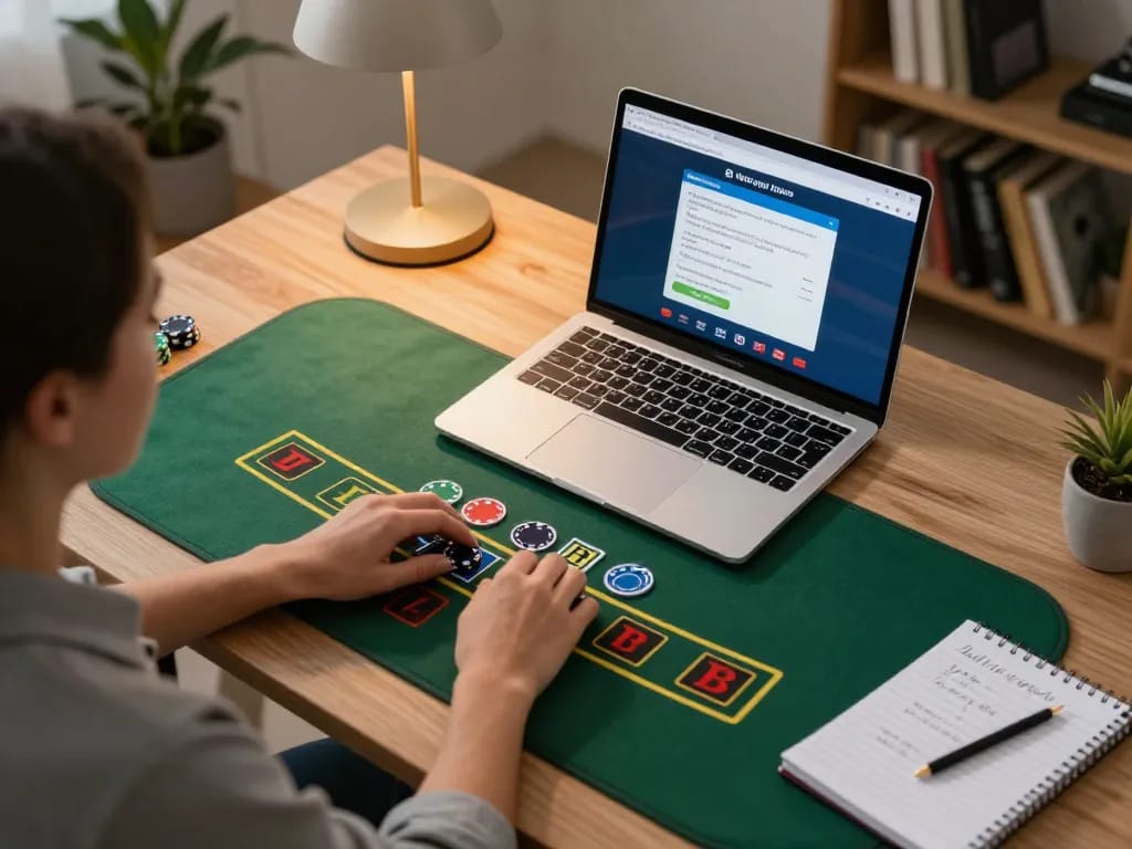 hubet player engaging in online blackjack with strategic notes in cozy home office