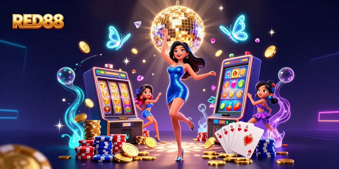 Spin to win with RED88 in this vibrant 3D casino game illustration featuring flashy slot machines.