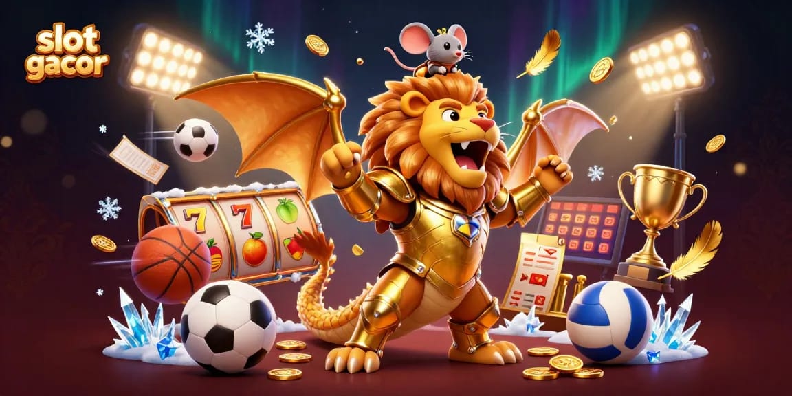 Menang besar dengan slot gacor, karakter kartun 3D menghiasi kasino digital.