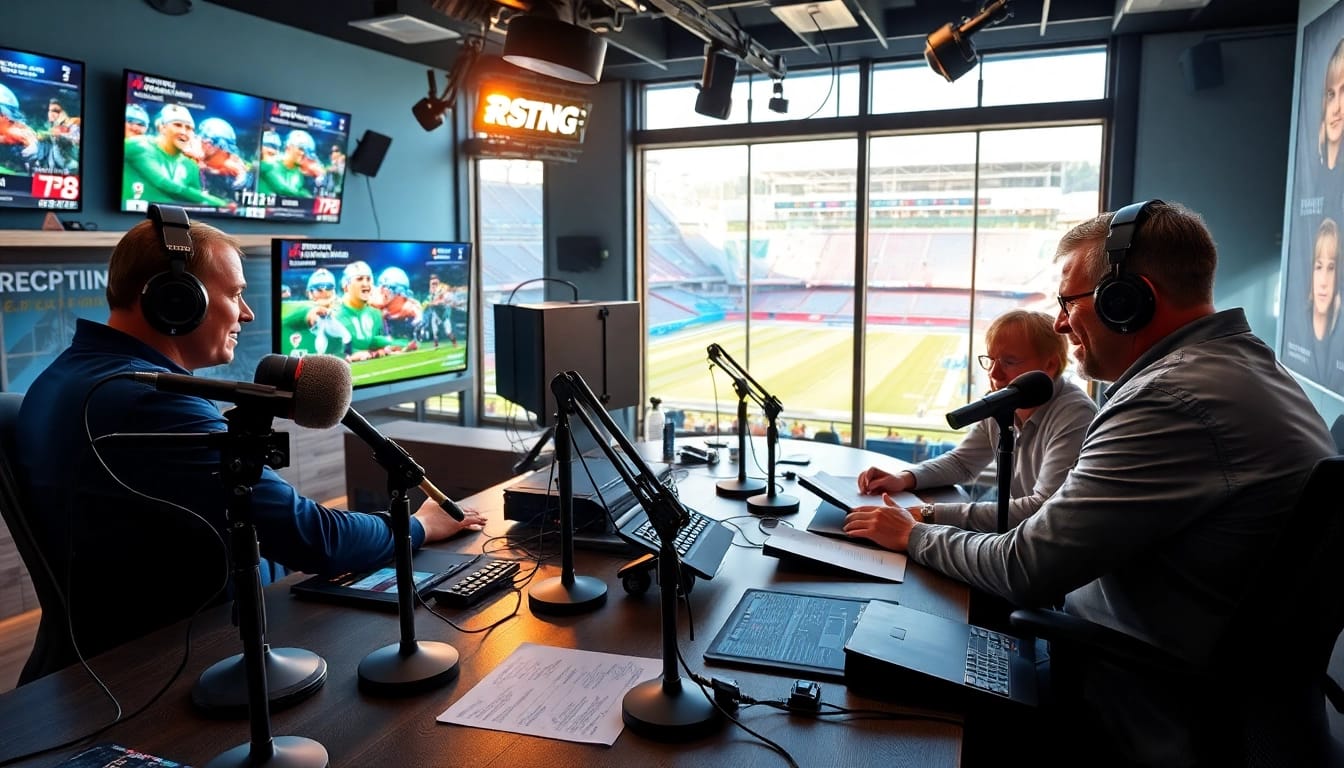 Engaging sports broadcasting studio with hosts highlighting Sports Broadcasting excitement.