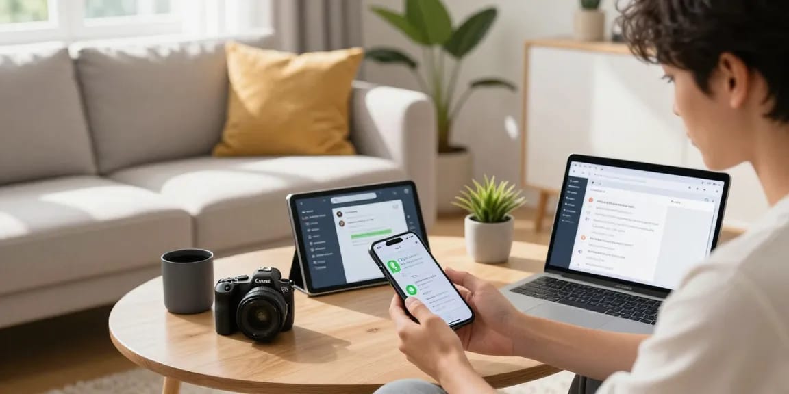 Configuring GB WhatsApp features on smartphone in a modern living room, showcasing a tech-savvy lifestyle.