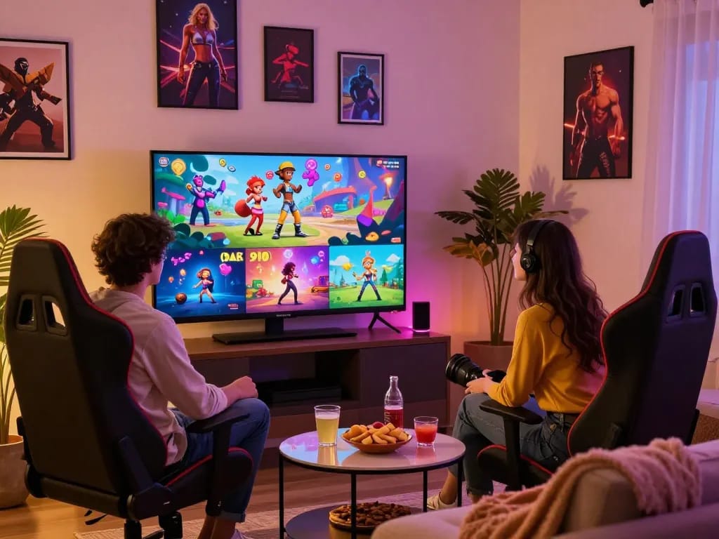 Couple exploring sex games on touchscreen display in cozy gaming room