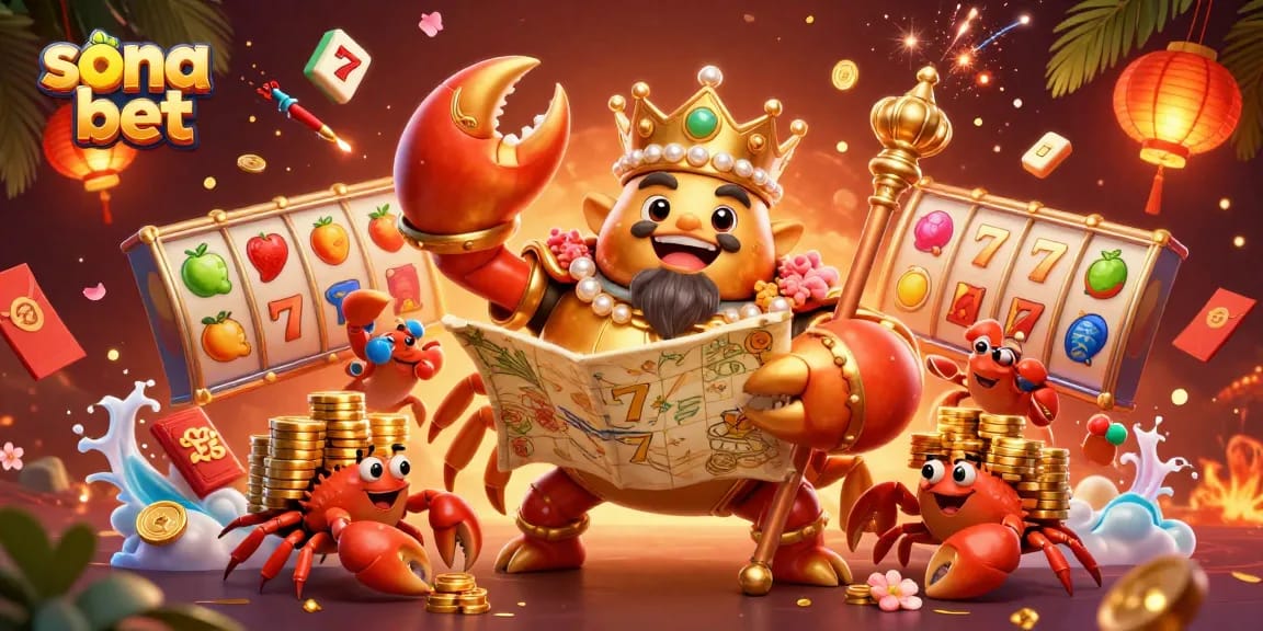 Sona bet offers thrilling casino adventures with a golden crab emperor amid slot reels and vibrant symbols.
