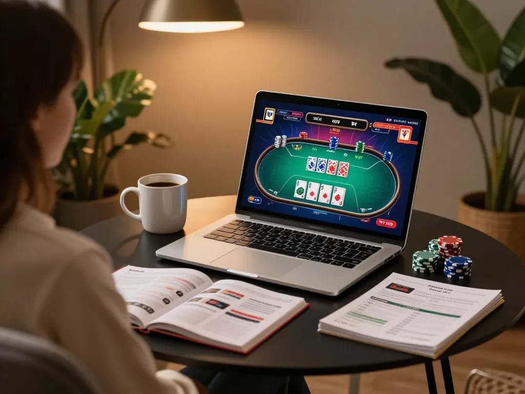Engaging with nk88 nhà cái on a laptop, showcasing an immersive online poker experience.
