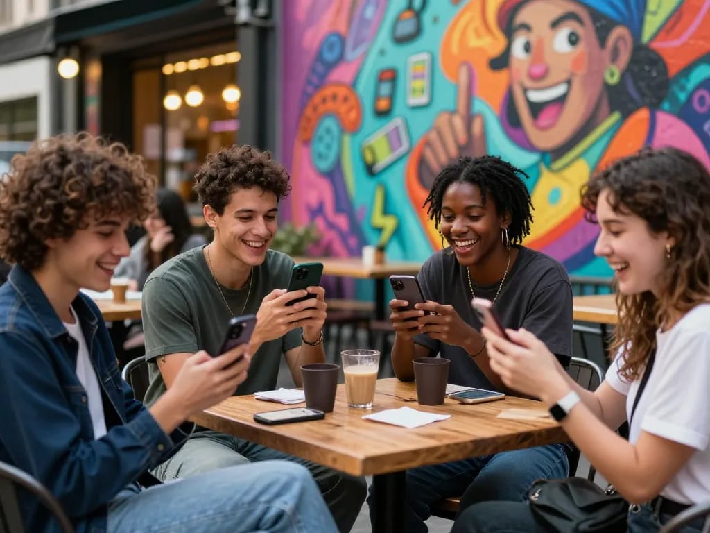 Engaging group interaction showcasing nsfw ai characters on smartphones in a vibrant urban setting.