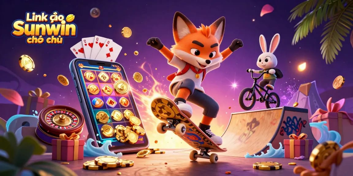 Experience the excitement of "Link vào Sunwin chính thức" with a vibrant 3D casino illustration featuring casino-themed characters and games.