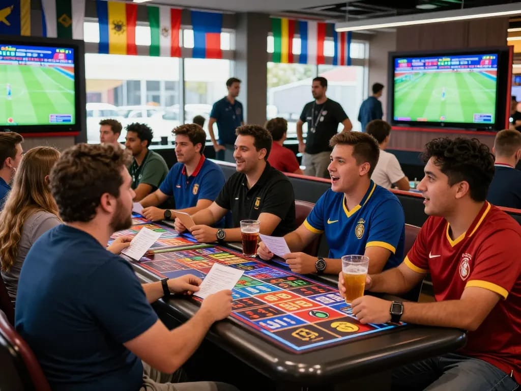Penggemar menikmati pertandingan sbobet piala dunia di sportsbook yang ramai dengan suasana yang hidup.